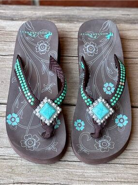 Montana West Black Turquoise Rhinestone Wedge Thong Flip Flops Sandals Sz 7